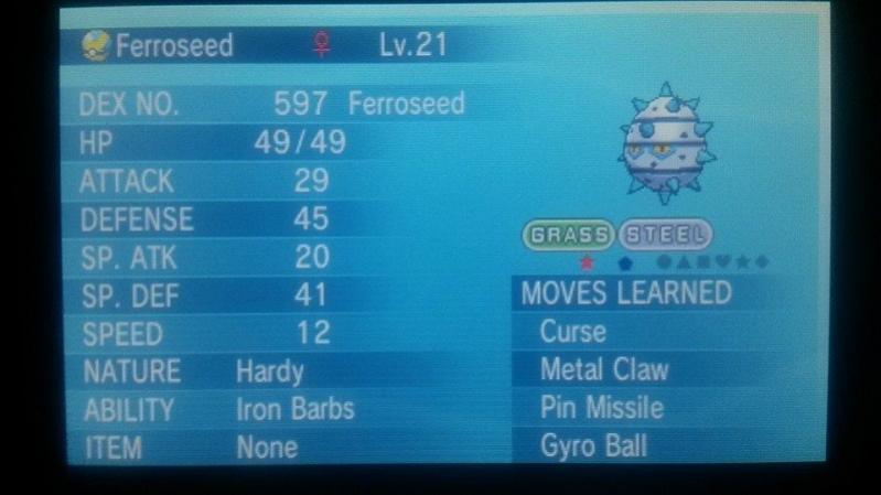 Shiny Ferroseed - Caught 5/12/2015 in the Reflection Cave