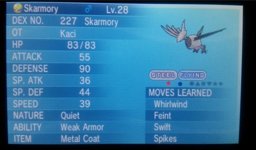 Shiny Skarmory that I caught on 12/14/2015 after 316 encounters.