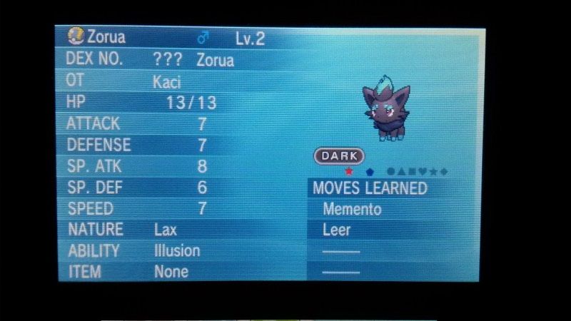 Shiny Zorua - Caught in Omega Ruby on 10/26 after 325 DexNav encounters. Dat Memento was scary X3