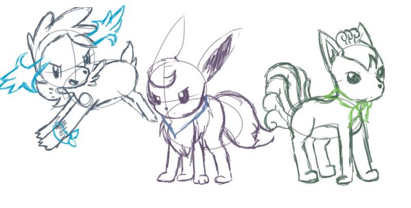 Sneak Peek for my current project! This is my main team in Pokemon Mystery Dungeon: Explorers of the Sky. Kori the Eevee, Grace the Shaymin and Sarah 