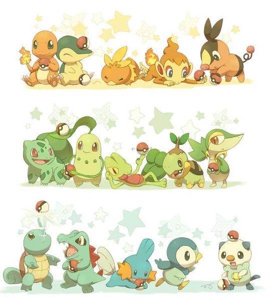 Starters!
<3: Charmander, Cyndaquil, Torchic, Bulbasaur, Chikorita, Turtwig, Tsutaaja, Totodile, Mudkip, & Piplup!