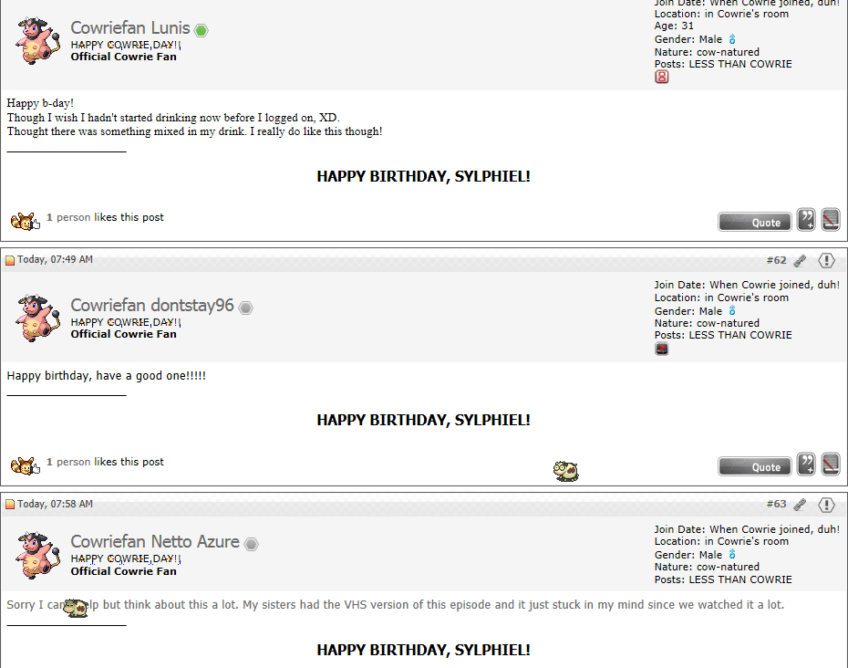 Sylphiel's birthday. There's cows all over the place. Switching avatars with Miltank, and information and signatures are changed. Not to mention three