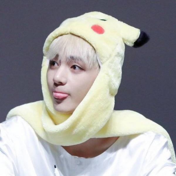 Taehyung in Pikachu head scarf