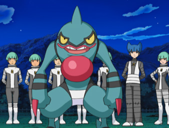 Team Galactic preparing to take on Ash and Officer Jenny
