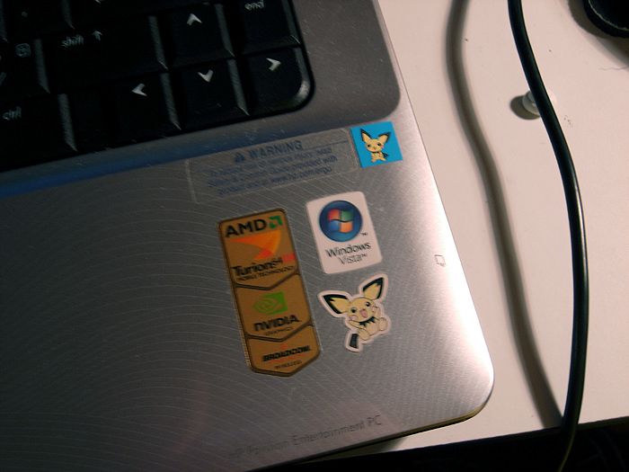 The bottom edge of my laptop. The bottom Pichu sticker is fading because I rest my hand there all the time. DD:
