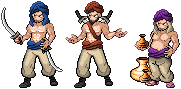 Themed Arabian nights; two guards/warriors and a salesman.