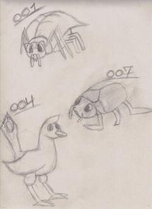 These are my three starters for Metial Region and my "Project Pokedex".  They are Pure Grass (Spider), Pure Fire (the bird), and Pure Water (the scara