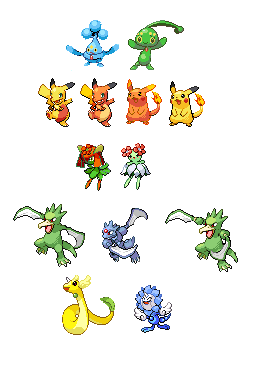 These are the first set of Pokemon sprite fusions I ever made (which was a couple months ago.)  I made at least two fusions for each combination of Po