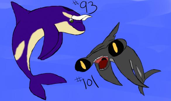 These two are Horca and Bashark.  They are both part of my "Project Pokedex"  where I am attempting to design and create 150 Fakemon for my Region Met