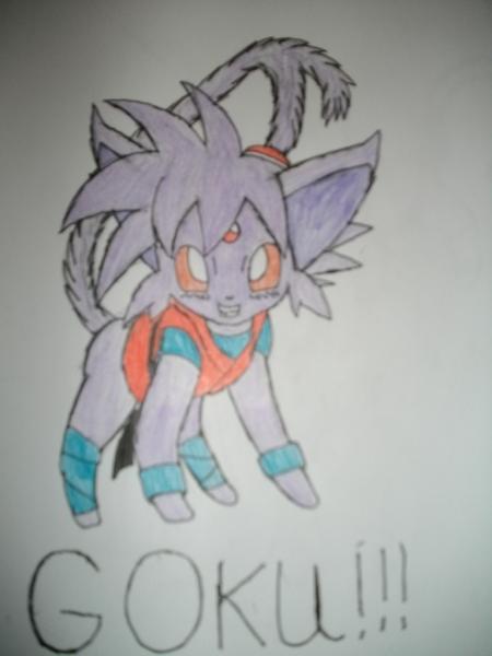 this is his normal form. however due to his saiyan characteristics and build, his type is psychic and fighting. unlike the espeon of earth, goku has b