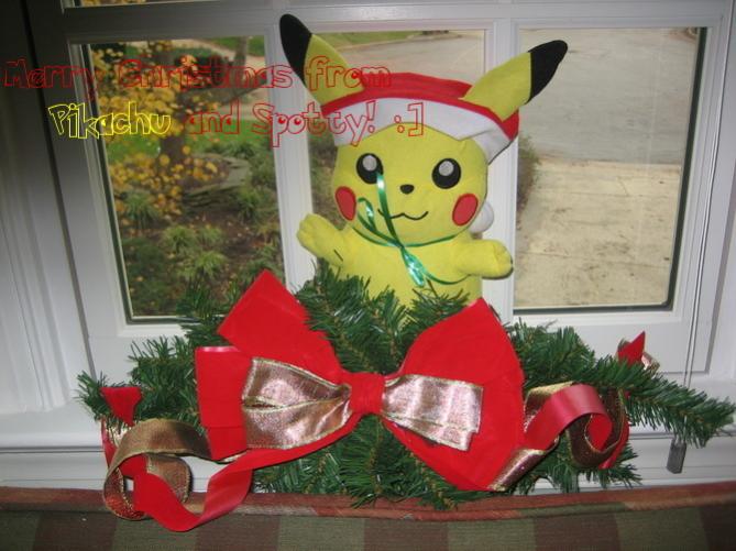 This was a picture I took of my stuffed Pika in a window for a Christmas card on another website. Isn't he festive? :3