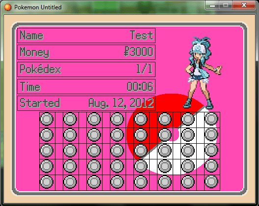 trainer card female. male's is blue and has his sprite. Showing what a complete one looks like, the 'badges' aren't what they will look like