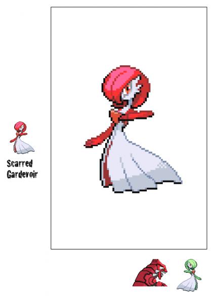 Type: Psychic
Species: Embrace Pokémon
Pokedex entry: missing
notes: This Gardevoir is a rare specimen.  When it's original trainer captured it, the t