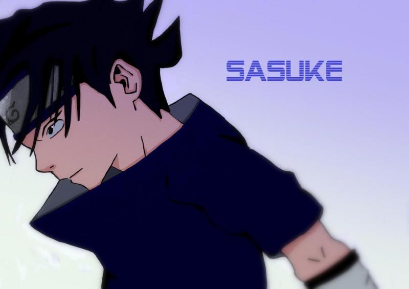 'Uchiha Sasuke' it should be. This guy is from the anime Naruto.
Drew on paper, edited on computer with tablet on Wacom Artrage.