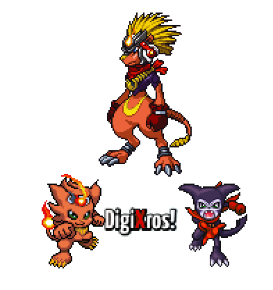 Well, this is a custom Digixros between Coronamon and Impmon that was used in an old (and possibly dead) RP game.
It's name, Ifritmon cames from "Eifr