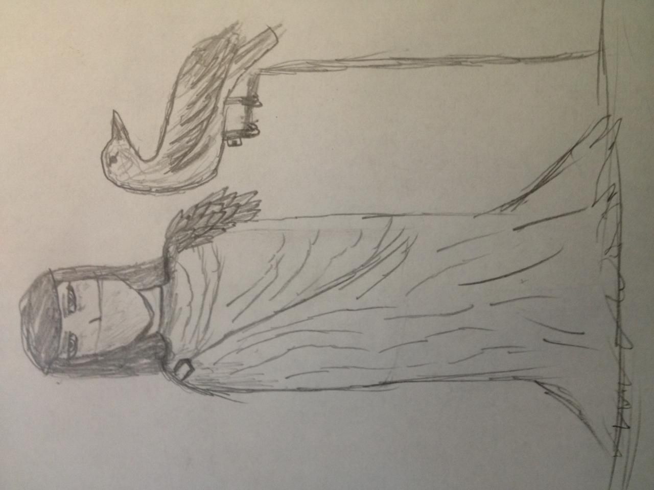 White cloak, with a raven. Yes that is a hood, matches his clothes under the cloak.