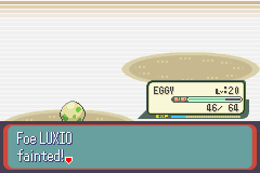 Wow, the first battle Eggy has won and that he beat a Luxio by one Egg Bomb! XD