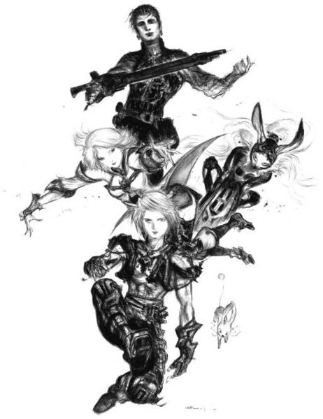 Yoshitaka Amano's drawing of Ashe, Vaan, Balthier, and Fran from Final Fantasy XII
