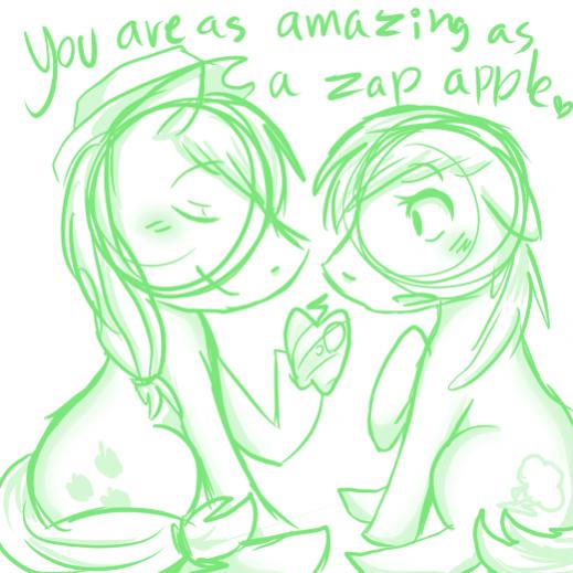 Zap Applesssss

Yea, I sure like dem ships alot.

Oh, and Dash is totally an earth pony now, yeah.
That's what happens when you draw stuff 4 in the mo