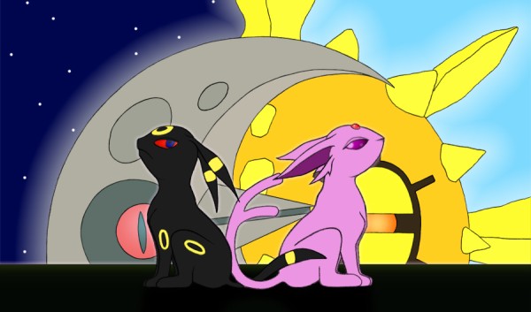 ZOMG!! 'Tis Umbreon and Espeon, with Solrock and Lunatone as the moon and the sun! How clever! ^^;